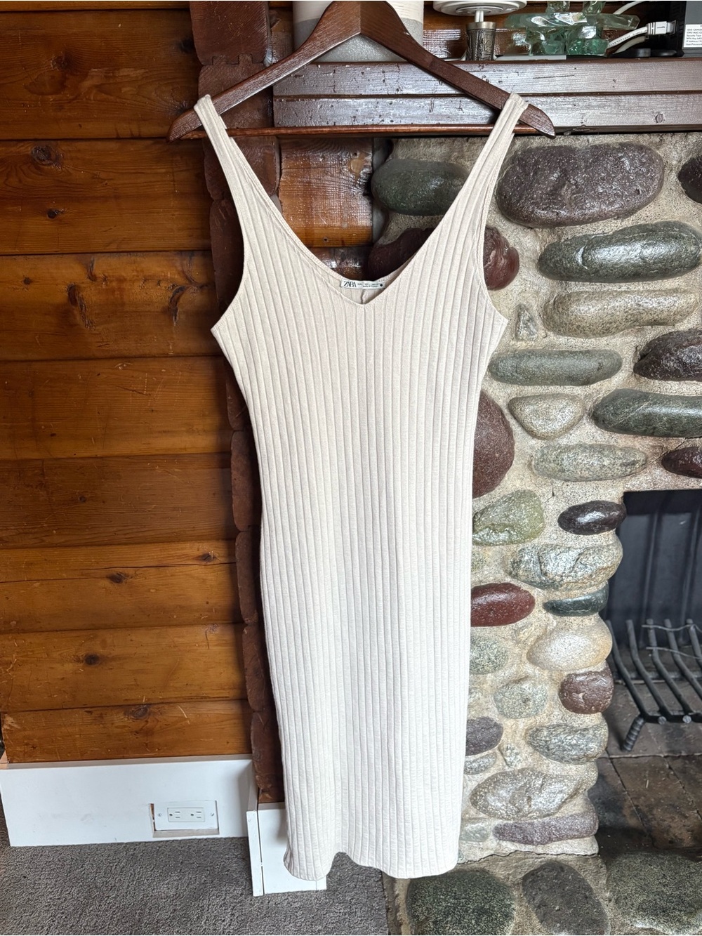 Zara Ribbed Knit Midi Dress | Quiet Luxury material Beige Bodycon | Size Large